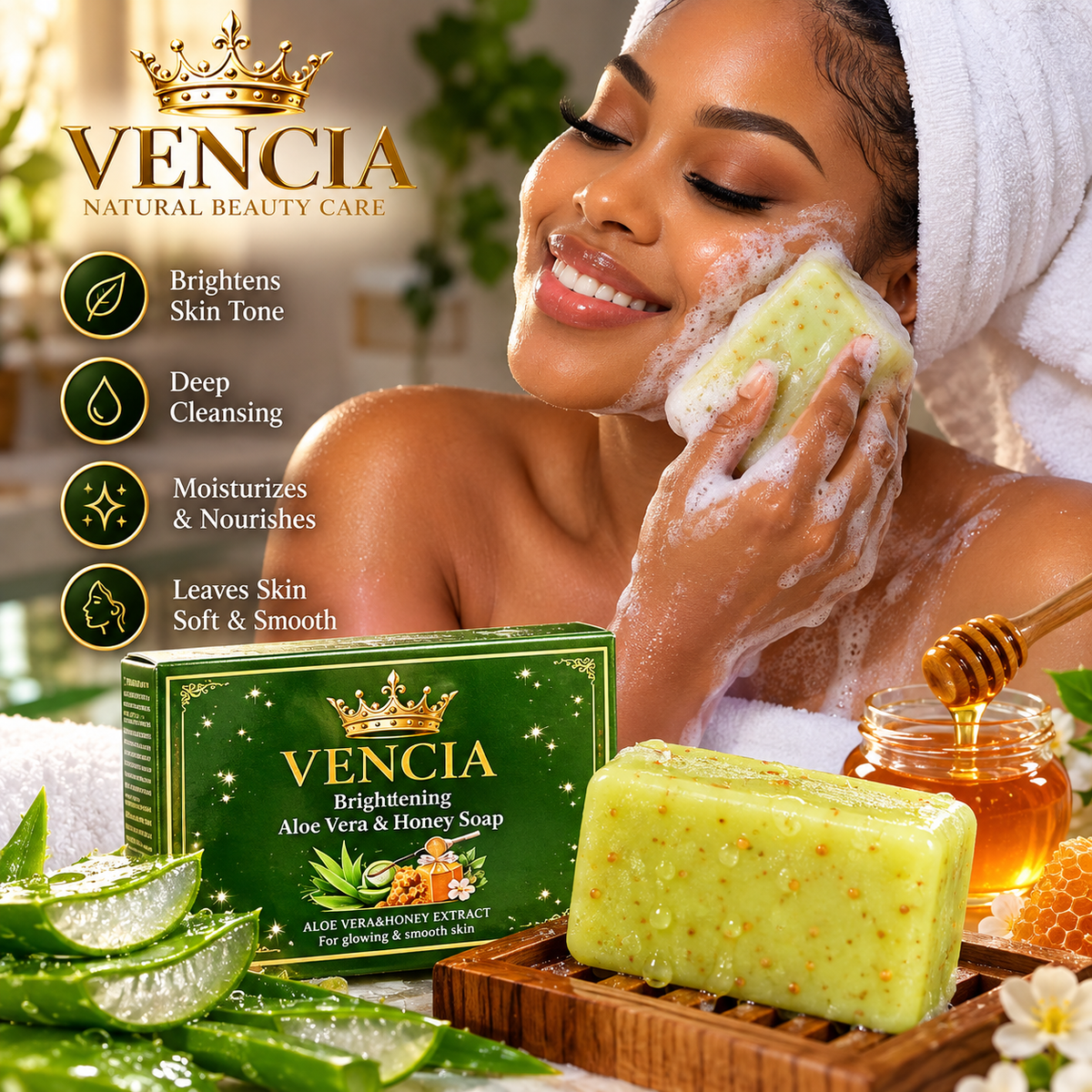 Vencia Brightening Aloe Vera & honey Soap Bar -Face & Body Cleansing,100g
